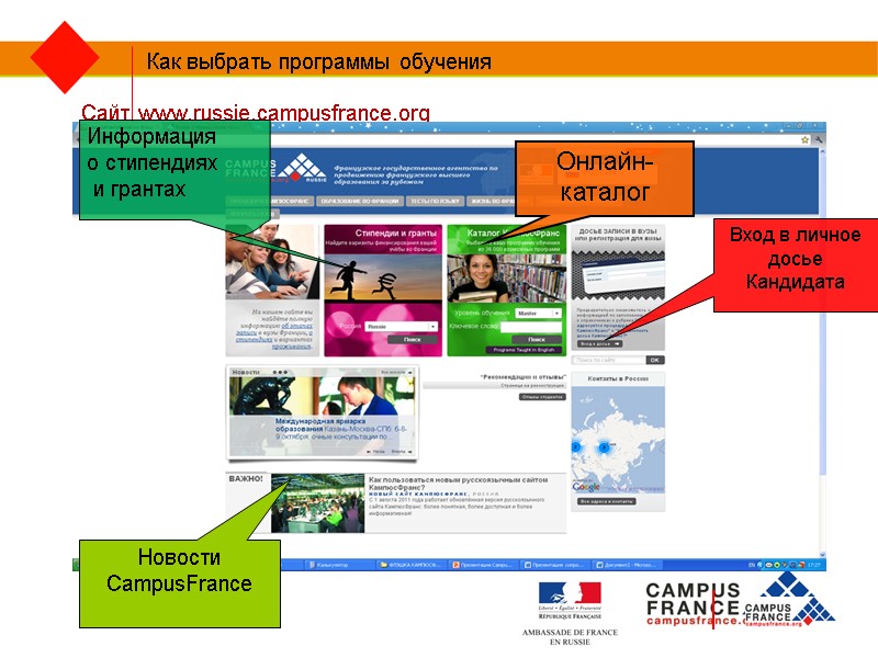 Как выбрать программы обучения Сайт www.russie.campusfrance.org  Информация  о стипендиях  и грантах
